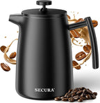 Secura 50oz French Press Coffee Maker – 304 Stainless Steel, Insulated Coffee Press with Extra Filter, Black