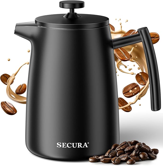 Secura 50oz French Press Coffee Maker – 304 Stainless Steel, Insulated Coffee Press with Extra Filter, Black