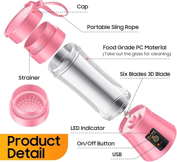 Portable Blender Make Shakes and Smoothies - USB Rechargeable Personal Size Mini Blender Freshly Squeezed, 380Ml BPA Free Travel Cup in Picnic/Office/Gym