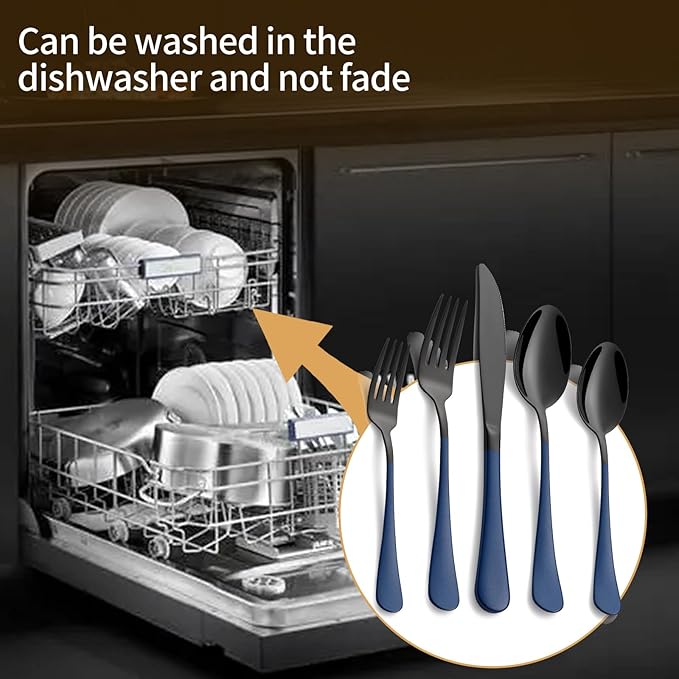 20-Piece Black and Dark Blue Silverware Set 18/0 Stainless Steel Silverware Set Dark Blue Handle Cutlery Set Service for 4 Dinner Knives Forks Spoons Set Flatware Set Finish Dishwasher Safe