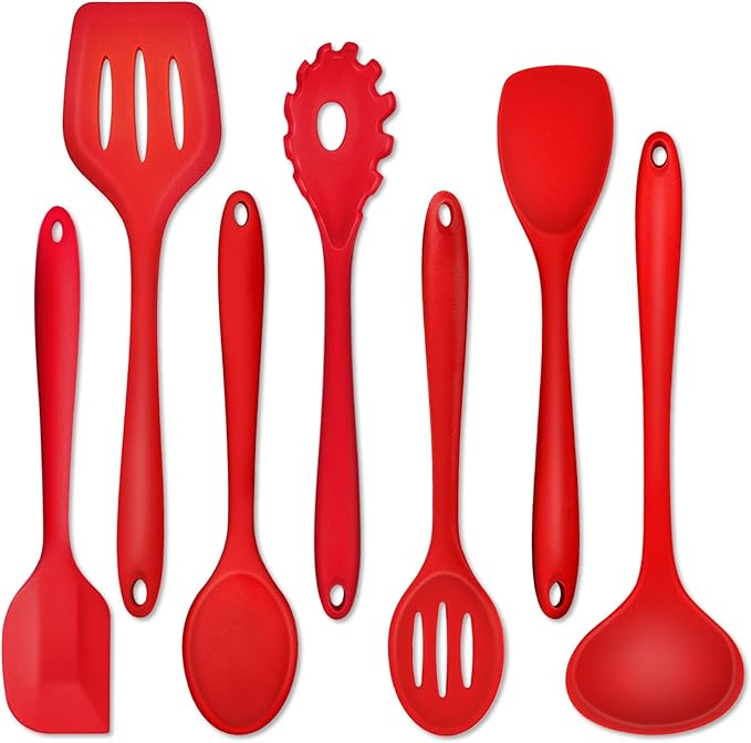 P&P CHEF Silicone Cooking Utensils Set of 7, Heat-proof Kitchen Utensils Set for Nonstick Cookware, Non-stick Spatula, Slotted Turner, Soup Ladle, Pasta Server, Spoon for Cooking Serving - Red