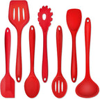 P&P CHEF Silicone Cooking Utensils Set of 7, Heat-proof Kitchen Utensils Set for Nonstick Cookware, Non-stick Spatula, Slotted Turner, Soup Ladle, Pasta Server, Spoon for Cooking Serving - Red