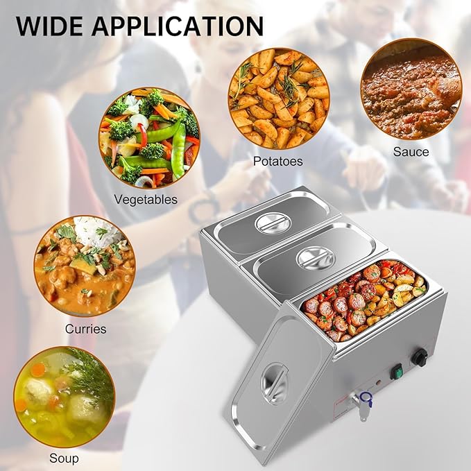 Valgus Commercial Grade Stainless Steel 3 Sections 17 Qt Bain Marie Food Warmers Electric Countertop Steamer with Lid and Tap for Parties, Banquet and Catering Events
