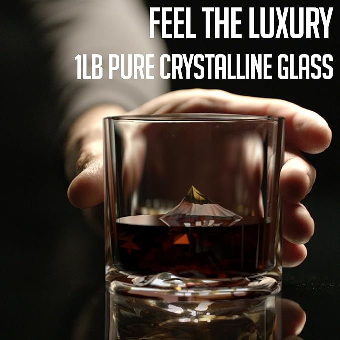 LIITON Mount Everest Heavy Crystal Whiskey Glasses Gift Set of 2, Thick Freezable Bourbon Glass 1lb Each, Premium Whiskey Gifts for Men, Frozen Crystal Chills Cocktails, 10 oz