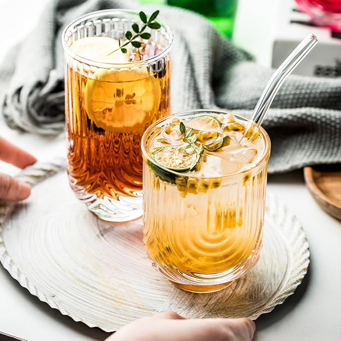 Art Deco Cocktail Glasses, Highball Glasses Set Of 8, Ribbed Glasses, Drinking Glasses Set, Unique Glassware, Beverages Ice Coffee Cup, Ideal for Whiskey, Beer, Juice, Water