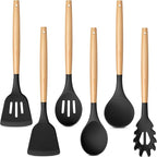 TeamFar Silicone Cooking Utensils Set of 6, Kitchen Utensils with Wooden Handles, Slotted Turner, Soup Ladle, Spoon for Non-stick Cookware, Heat-Proof, Non-Scratch, Black