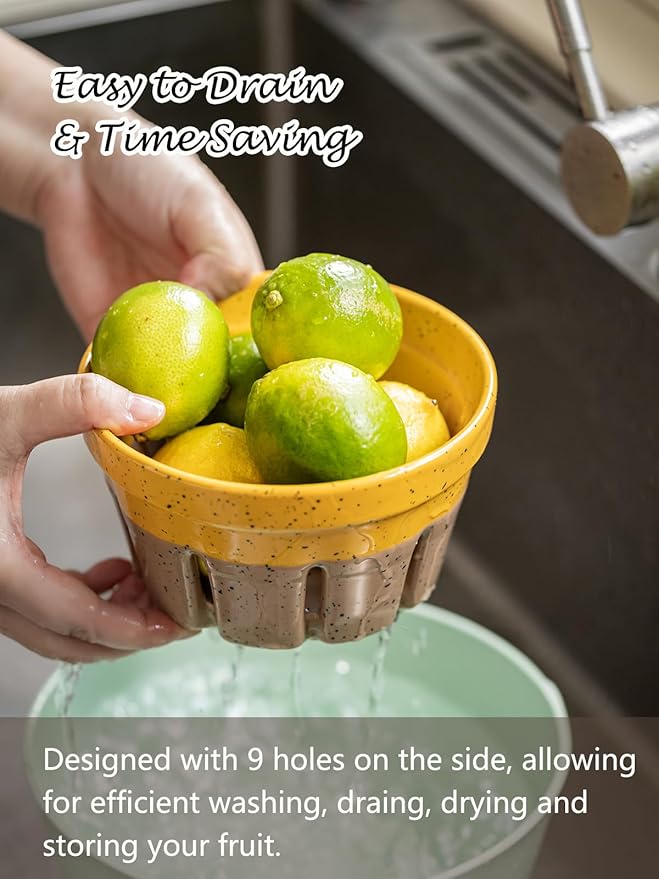 Gomakren Fruit Bowl with Holes, Ceramic Berry Basket Set of 2, 5.8 Inch Round Fruit Storage Containers, Strawberry Baskets, Farmhouse Kitchen Decor, Yellow + Brown