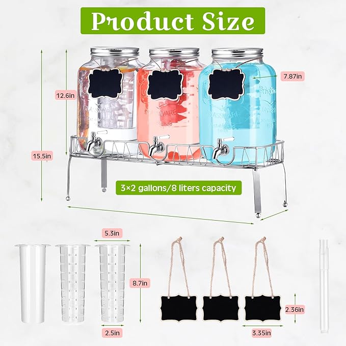 Lallisa 3 Pcs 2.5 Gallon Beverage Dispensers for Parties Glass Drink Water Dispenser with Stand Stainless Steel Leakproof Spigot Ice Cylinder Hanging Chalkboard Signs Pen(Silver)