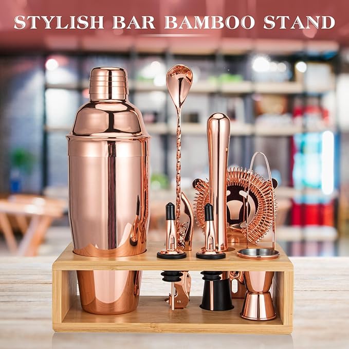Cocktail Shaker Set, Mixology Bartender Kit 10-Piece Bar Tool Set with Stylish Bamboo Stand, Bar kit: Martini Shaker Mixing Spoon Muddler Jigger Corksrew for Barware Set | Rose