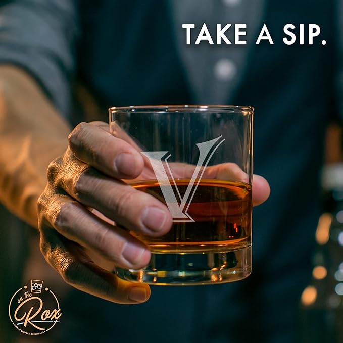 Monogrammed Gifts for Men - 4PC 11 Oz Custom Whiskey Glasses (V-Monogram) - Engraved Whiskey Glasses - Personalized Whiskey Glasses - Unique Bourbon Glasses - Personalized Glass Gifts for Dad