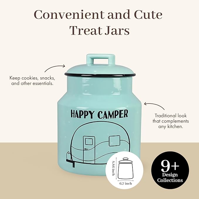 Young's Inc. Ceramic Cookie Jar - Cute Kitchen Counter Storage Canister with Lid - Perfect for Cookies, Coffee, Tea, Candy, Dog Treats, and More - Happy Camper - Mint