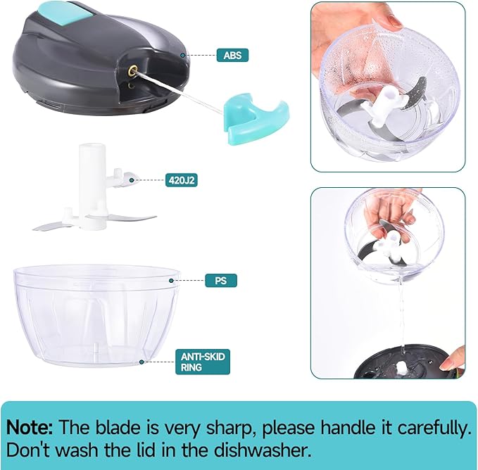 Manual Food Processor Vegetable Chopper, Portable Hand Pull String Garlic Mincer Onion Cutter for Veggies, Ginger, Fruits, Nuts, Herbs, etc., 500ml,（Gray-blue）