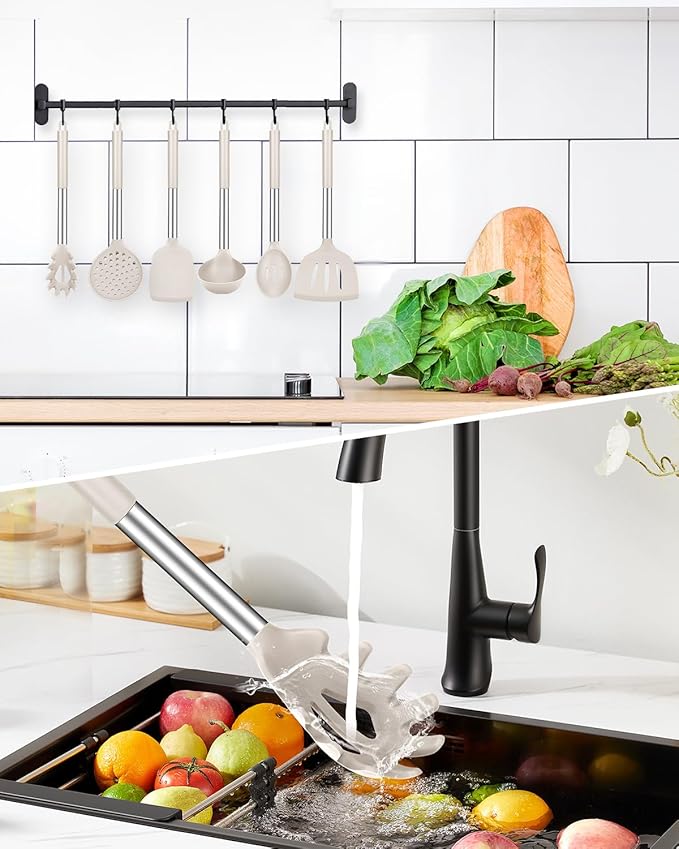 Silicone Cooking Utensil Set, 8Pcs Non-stick Cookwares with Stainless Steel Handle, BPA Free Heat Resistant Kitchen Tools with Spatulas, Turners, Spoons, Skimmer and Pasta Fork (KHAKI)