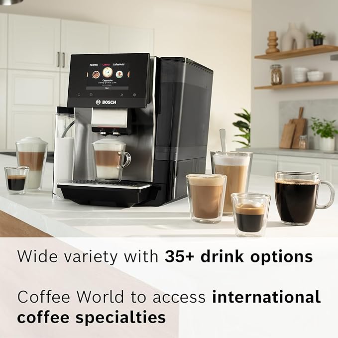 BOSCH 800 Series Fully Automatic Espresso and Coffee Machine – 36 Drinks with Coffee World, Cold Brew, Double Cup, Integrated Milk Container, Smart Features, in Stainless Steel TQU60703