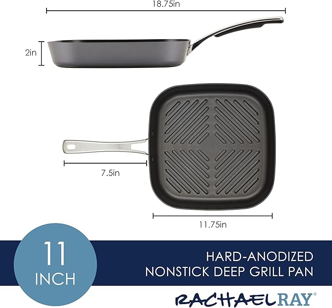 Rachael Ray Cook + Create Hard Anodized Nonstick Deep Grill Pan/Griddle, 11 Inch - Black