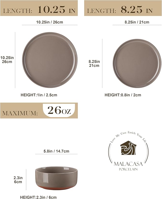 MALACASA Plates and Bowls Sets, 18 Pieces Modern Ceramic Dinnerware Set for 6 Kitchen Dinner Set Stoneware Dishware Dishes Set Microwave and Dishwasher Safe, Brown, Series TARA