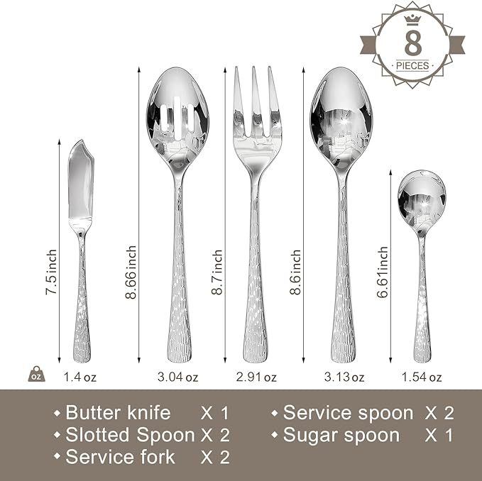 KINGSTONE Hammered 8-Piece Serving Utensil Set, 18/10 Stainless Steel Flatware for Catering, Party Include Spoons, Slotted Spoon, Fork, Butter Knife - Mirror Finish & Dishwasher Safe