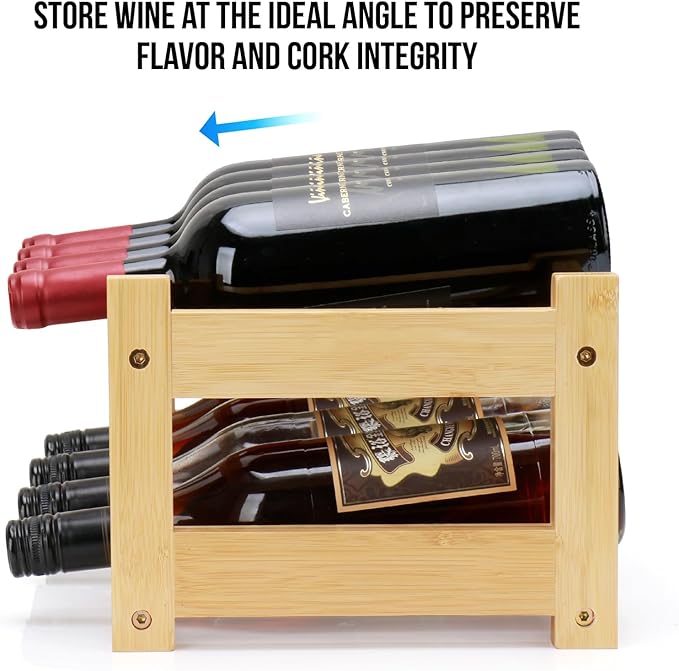 Bamboo Wine Rack, 2-Tier 8 Bottles Wine Storage Cabinet Shelf, Easy-Assembly Freestanding Bamboo Wine Racks Countertop for Kitchen Pantry Dining Room Bar, Natural
