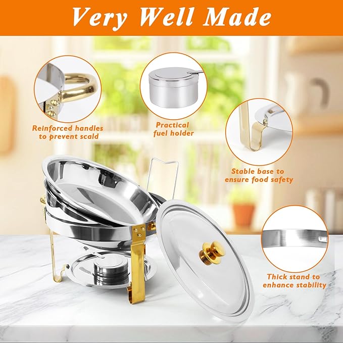 4-Pack Round Chafing Dishes for Buffet, 5QT Stainless Steel Buffet Chafing Set for Catering, Parties & Events