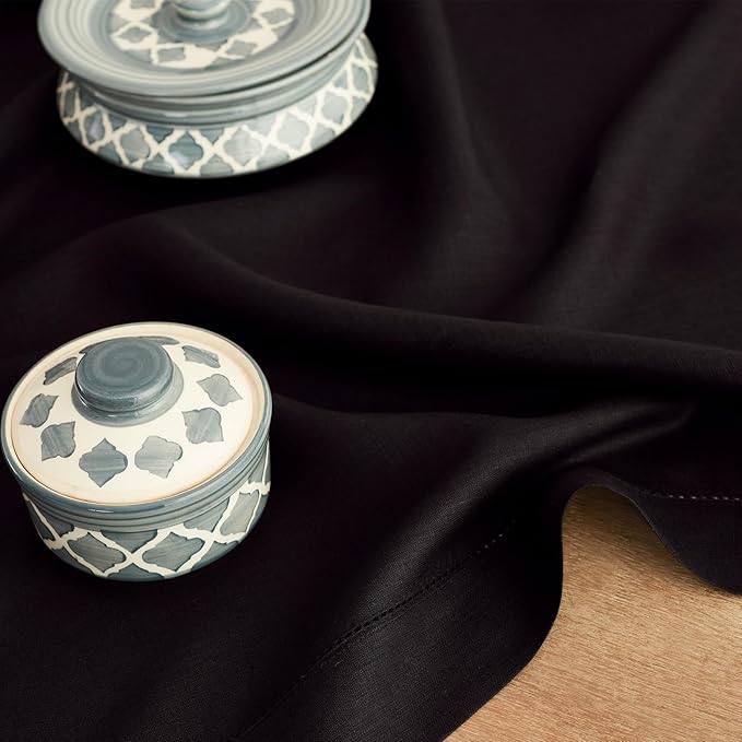 Solino Home Black Linen Tablecloth 52 x 52 Inch - 100% Pure Linen Square Table Throw - Classic Hemstitch, Machine Washable Table Cloth for Summer, Fall, Autumn, Halloween