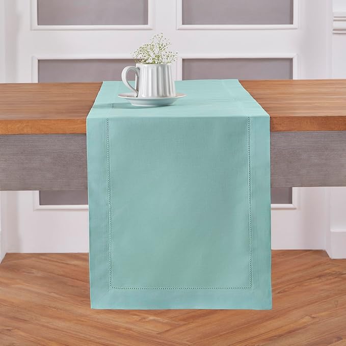 Solino Home Cotton Linen Table Runner 48 Inches - Pastel Turquoise Hemstitch Table Runner 14 x 48 Inch Ideal for Dresser and Coffee Tables - Summer