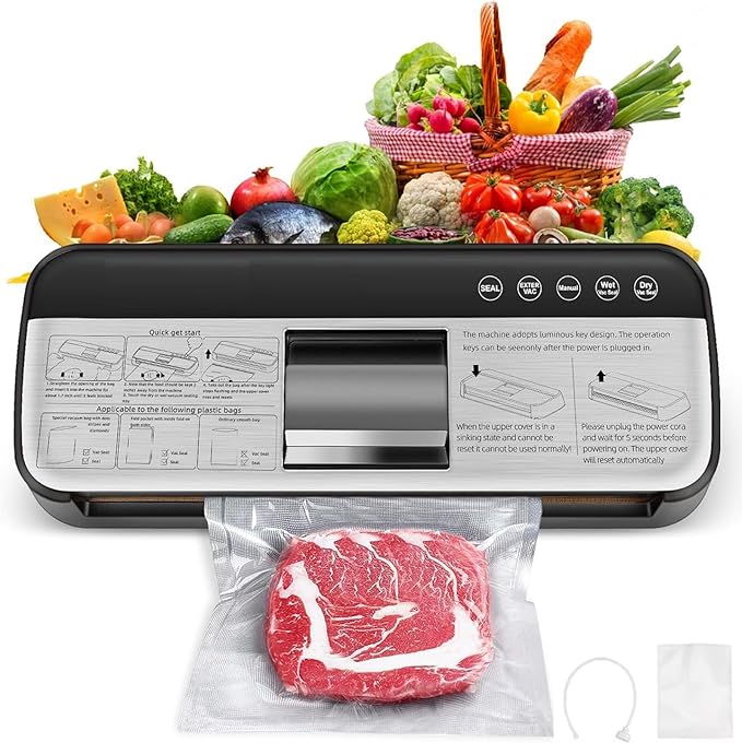 85KPa Vacuum Sealer Machine, One-Touch Automatic Food Sealer with 15 Bags, Dry/Moist/Seal/Manual/External Vac, 7MM Heating wire, Compact Easy-Clean for Food Storage and Sous Vide
