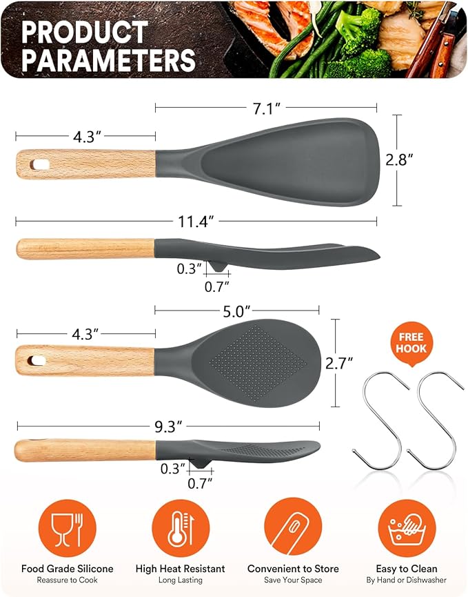 Cooking Spoon and Rice Scooper for Nonstick Cookwares, Great for Cooking and Serving Sturdy BPA-Free Matte Silicone, Wood Handle Spoon for Mixing, Scoop, and Scrape (GREY)