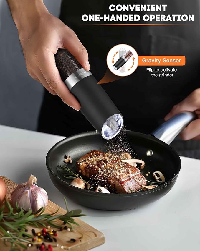 AmuseWit Electric Gravity Pepper Mill or Salt Grinder Mill [White Light] - Battery Operated Automatic Pepper Grinder with Light, Adjustable Coarseness, One Handed Operation, Cleaning Brush, Black