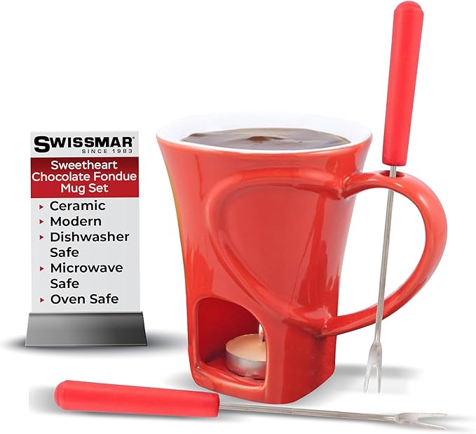 Swissmar 4-Piece Sweetheart Chocolate Fondue Mug Set – Mini Fondue Set for Keeping Chocolate, Caramel, Cheese, & More Warm – Ideal Gift for Weddings & Desserts