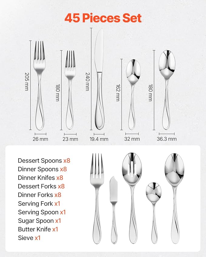 VEVOR 45-Piece Silverware Set, Food-Grade Stainless Steel Flatware Utensils, Mirror Finished Cutlery Set, Dishwasher Safe Eating Tableware for Kitchen Home, Service for 8, Include Knife Fork Spoon