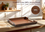 Large Ottoman Tray: 20" Square Acacia Wood Serving Tray with Unique Metal Handles – Extra Large Decorative Tray for Coffee Table, Breakfast in Bed, Charcuterie, Kitchen, Living Room & Party