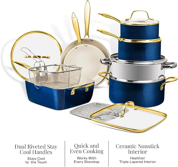 Gotham Steel 15 Pc Ceramic Cookware Set Nonstick, Ceramic Pots and Pans Set Non Stick with Steamer & Cooking Utensils, Non Toxic PFOA PFOS Free, Premium Stay Cool Handles, Oven & Dishwasher Safe