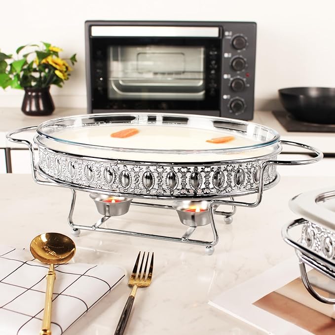 Casserole Dish 11.5" x 8" Glass Baking Dish with Stainless steel Lid and rack, Silver oval 2 Qt Baking Pan For Casserole & Lasagna, Microwave Dishwasher Freezer Oven Safe