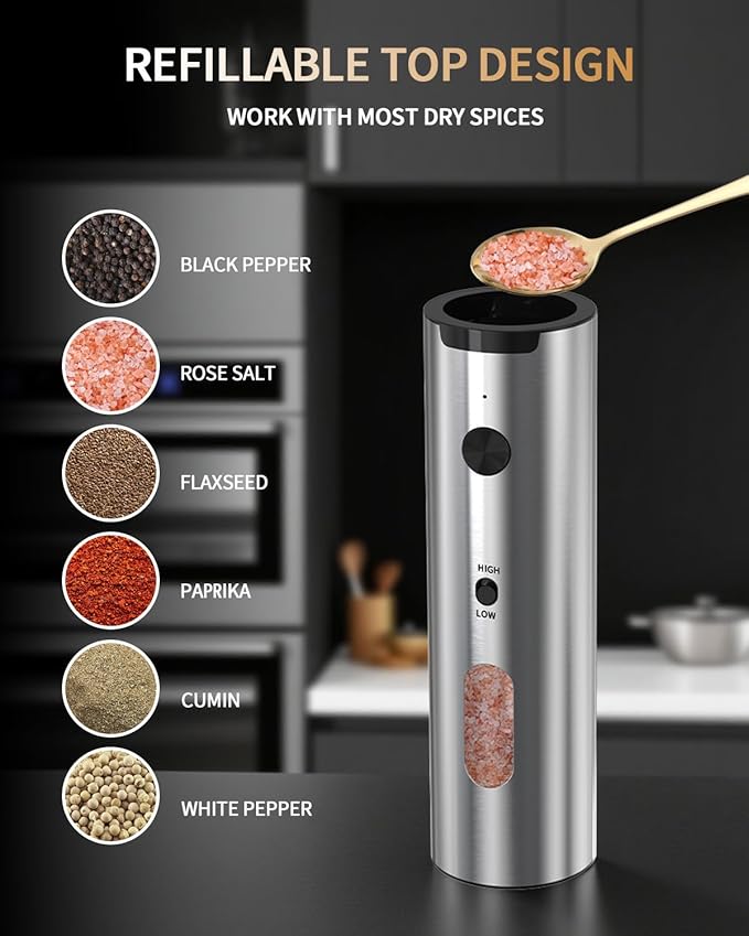 CIRCLE JOY Rechargeable Electric Salt and Pepper Grinder Set, 2-speed Stainless Steel Automatic Pepper Mill Grinder w/Charging Base, Adjustable Coarseness, LED Light, 110ml Large Capacity Top Fill
