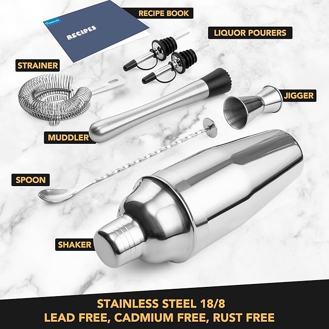 7-Piece Cocktail Shaker Set, 24oz Shaker Strainer Muddler Jigger Mixing Spoon Pourers, Bartender Kit, Bar Accessories, Stainless Steel Bar Set