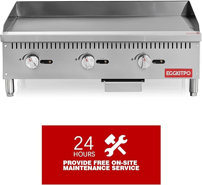 36 Inch CSA Certified Commercial Natural Gas Griddle Manual Controls 90,000 BTU Countertop Flat Top Grill Hot Plate with Independeent Knob 3 Burners Stainless Steel Grill for Restaurant Use