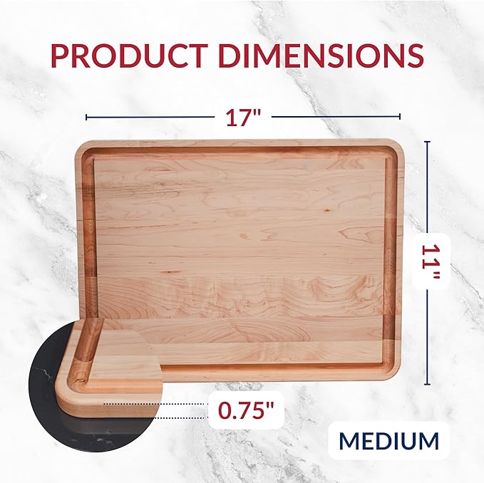 Made in USA Medium Solid Maple Wood Cutting Board by Virginia Boys Kitchens - Butcher Block Wooden Carving Board with Juice Groove made from Sustainable North American Hardwood (17x11)