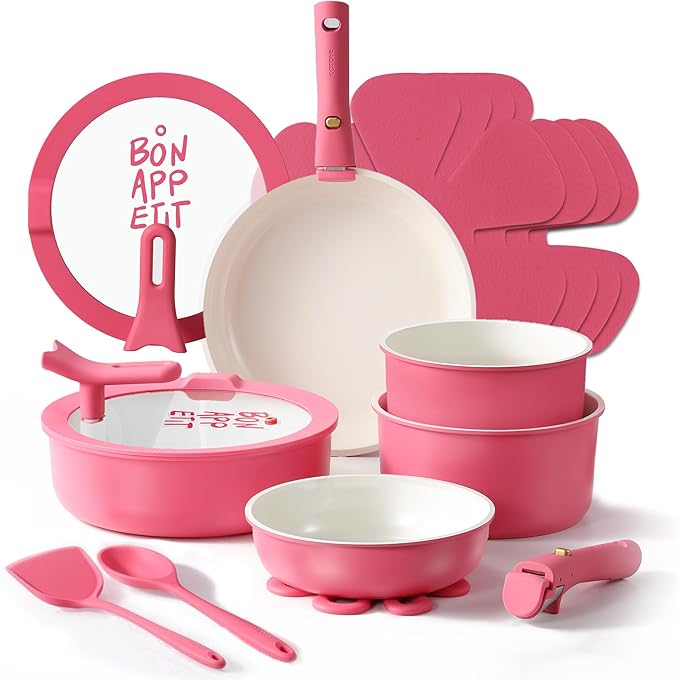 CAROTE 18Pcs Ceramic Cookware Set with Detachable Handle, Pots and Pans Set Non Stick, Non Toxic Kitchen Cooking Sets with Stand-Up Lid, PFAS and PFOA Free, Oven Safe, Induction Ready, Pink