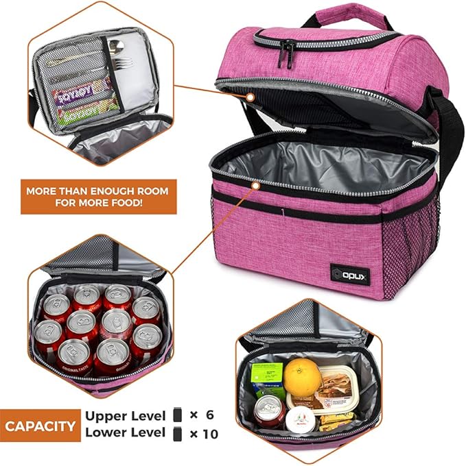 OPUX Lunch Box For Women, Insulated Large Lunch Bag Adult Work, Double Decker Lunchbox Meal Prep, Dual Compartment Leakproof Lunch Cooler, Soft Lunch Pail Tote for Girls, Kids, School (Pink, 16 Cans)