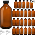 24 Pack 8oz Amber Glass Boston Round Bottles with Phenolic Polycone Caps – Airtight, Leak-Proof Brown Glass Containers for Kombucha Brewing, Storing Condiments, Essential Oils, and Homemade Solutions