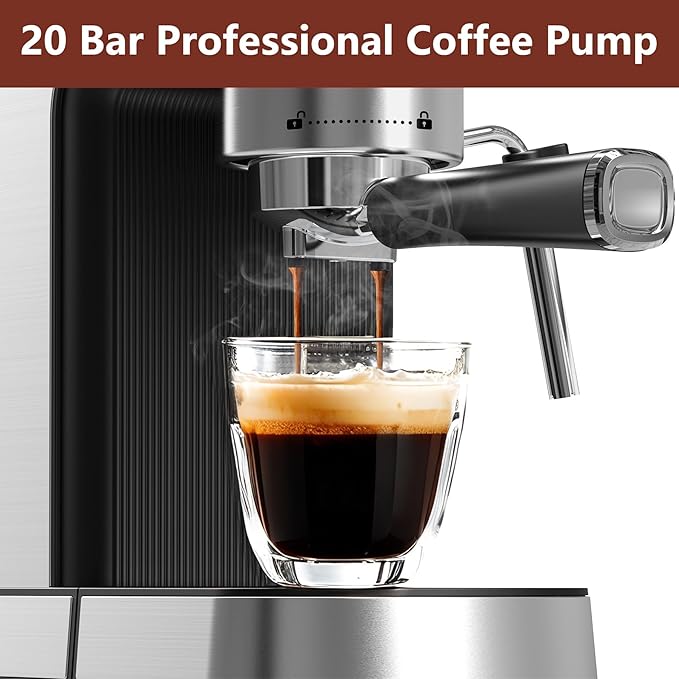 VEGETA Espresso Machine with Milk Frother, Small Coffee Maker 20 Bar with 40oz Removable Water Tank, Stainless Steel Coffee Machine for Cappuccino & Latte, Silver