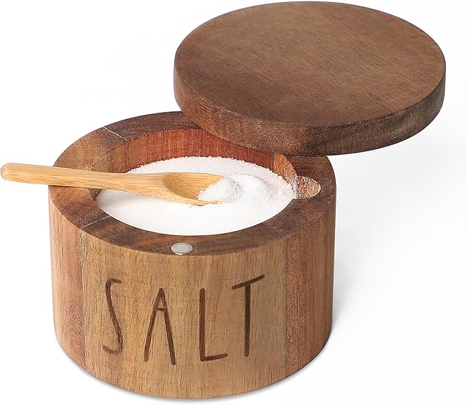 Acacia Wood Spice Box with Swivel Lid and Built-in Spoon for Kitchen Countertop, Farmhouse Kitchen Decoror for Storing Salt, Peppers, Sugar or Seasonings (Labeled “SALT”)