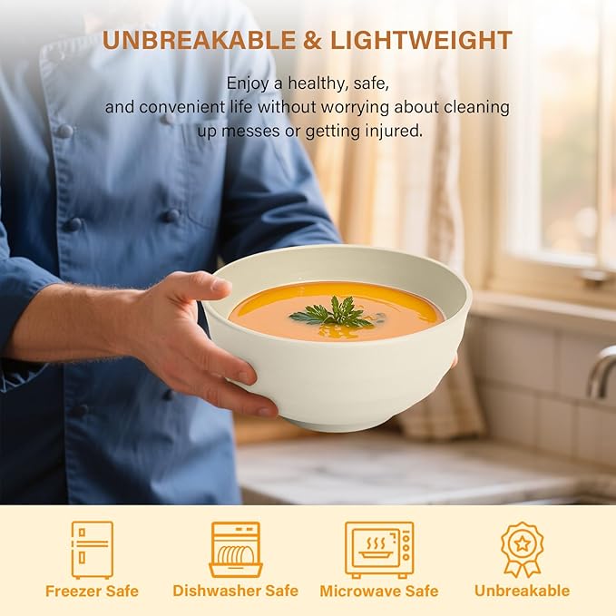 Homienly Unbreakable Large Salad Bowls Set of 6, 60oz Large Wheat Straw Bowls for Cereal, Salad & Pho, Ideal for RV & Camping, Microwave Safe Alternative to Plastic Bowls - Beige