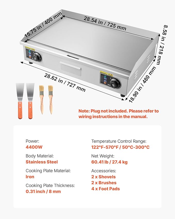 VEVOR Commercial Electric Griddle, 28.54 x 15.75 inches, 4400W, 122-570°F Adjustable Temp Control, Stainless Steel Body, Half Grooved Half Flat, with 2 Spatulas, 2 Brushes, and 4 Foot Pads, for Steak