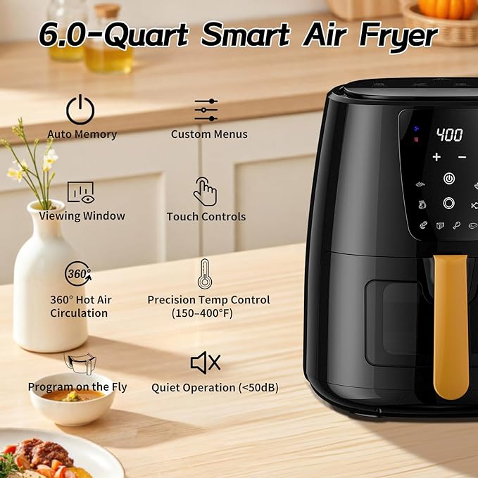 5.8 QT Large Digital Air Fryer with Window for Kitchen Use,Nonstick Made without PFAS, Touchscreen Display,400F,Customized Temp/Time,NonStick Basket,Black
