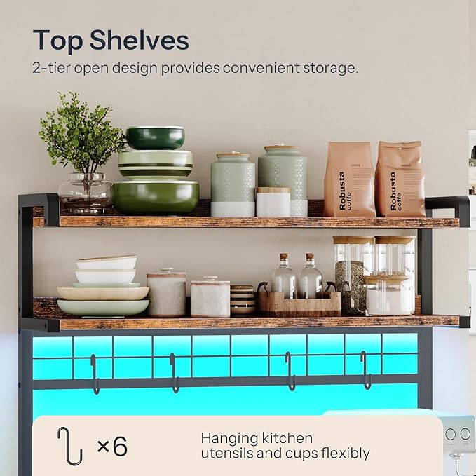 HOOBRO Bakers Rack with Power Outlet, 5 Tiers Coffee Bar with LED Light, Microwave Stand with Wire Basket & Wine Holders, Kitchen Storage Shelf with 6 S-Shaped Hooks, Rustic Brown and Black BF21UDHB01
