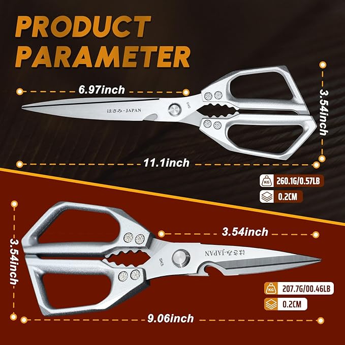 HUUSK Kitchen Scissors Set Silver - Upgraded Stainless Steel Kitchen Shear, Sharp Meat Scissors Dishwasher Safe, Heavy Duty Poultry Shears, Japanese Cooking Scissor for Food, Chicken Bones, and Turkey
