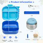 Bento Lunch Box with Thermo, 4-Compartment Bento Box with Adjustable Dividers, Leakproof Dinosaur Lunch Box with 14.2OZ Insulated Food Jar & Sauce Jar, for School Office Travel (Blue)