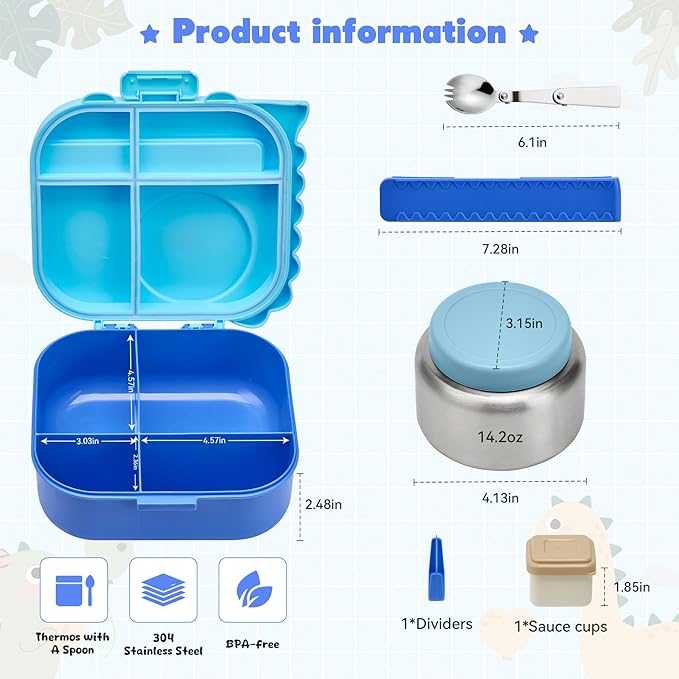 Bento Lunch Box with Thermo, 4-Compartment Bento Box with Adjustable Dividers, Leakproof Dinosaur Lunch Box with 14.2OZ Insulated Food Jar & Sauce Jar, for School Office Travel (Blue)