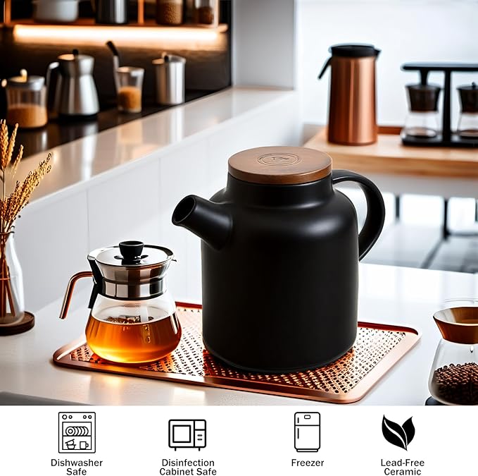 Yundu 1500ml / 50 oz Ceramic Teapot with Infuser & Wood Lid - Matte Black, Loose Leaf Tea Pot with Removable Strainer, Large Capacity